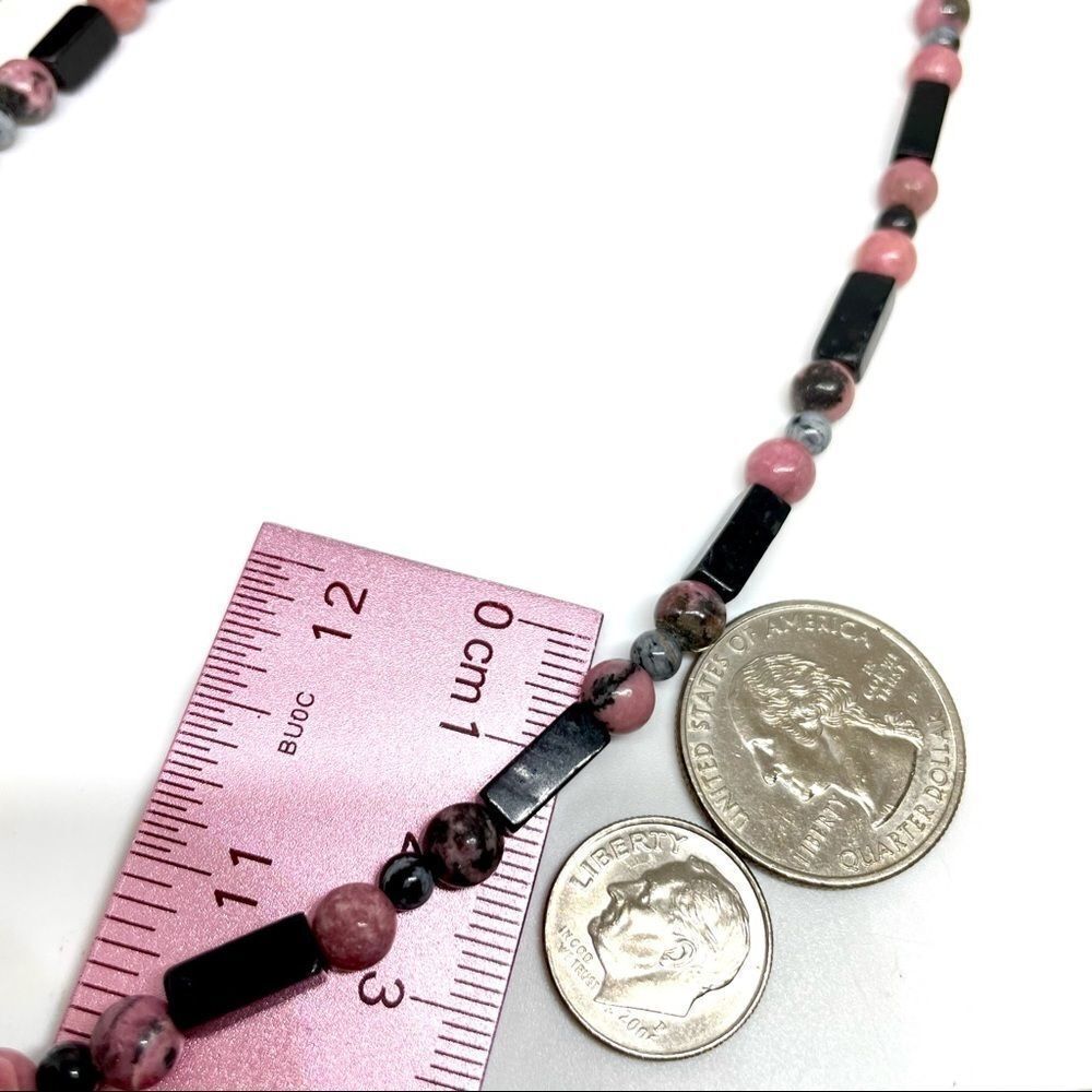 ⚜️RHODONITE SNOWFLAKE OBSIDIAN & ONYX Art Deco Stone Necklace - Picture 13 of 16